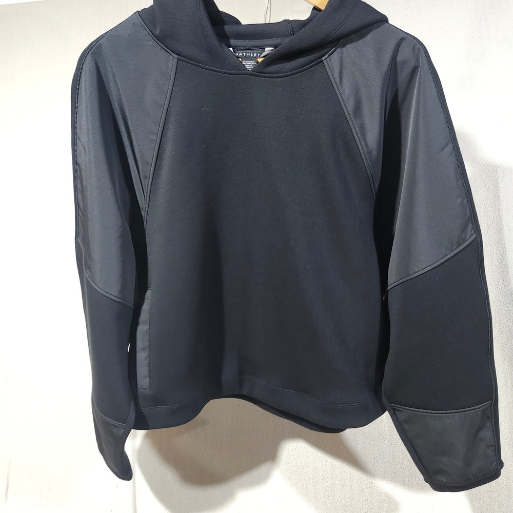 Athleta Black Mixed Media Pullover Hoodie Relaxed Cropped Sweatshirt Womens L